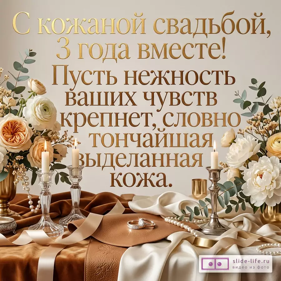 Бежевый фон, золотистый текст «С кожаной свадьбой, 3 года вместе! Пусть нежность ваших чувств крепнет,словно тончайшая выделанная кожа.», цветочные композиции, свечи, кожаная ткань, кольца, жемчуг