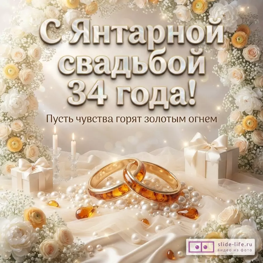 Открытка бежевого цвета с цветами и жемчугом. В центре надпись «С Янтарной свадьбой 34 года! Пусть чувства горят золотым огнем».