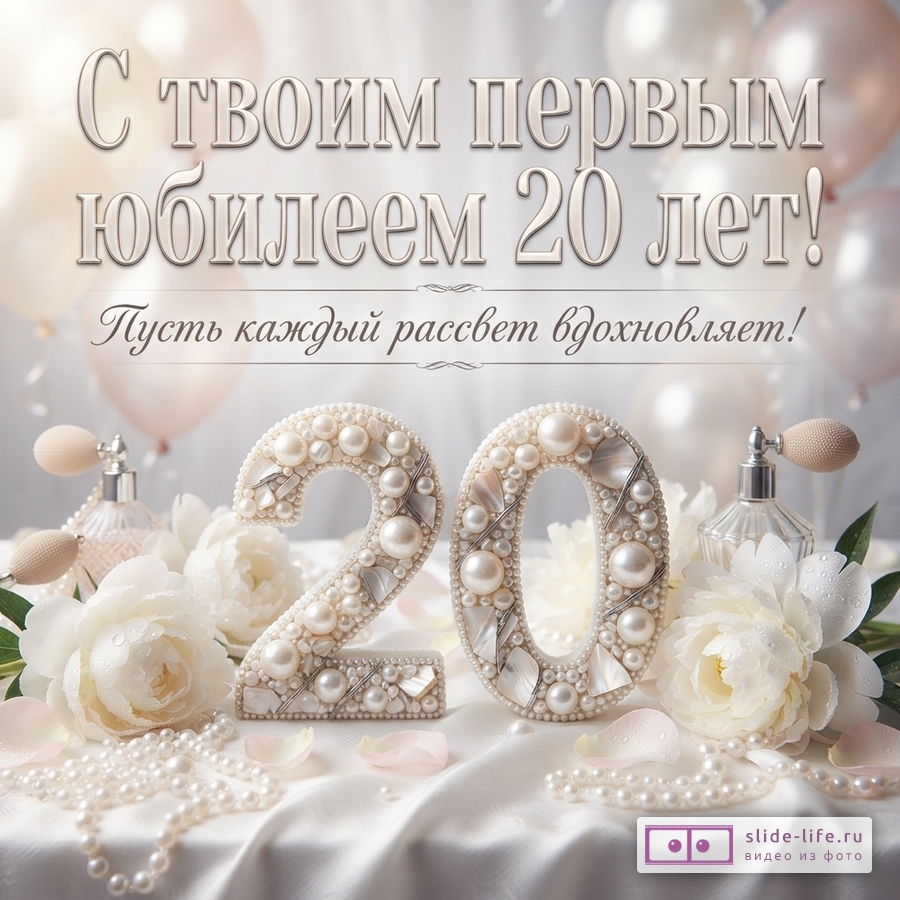 Светлая открытка с текстом «С твоим первым юбилеем 20 лет! Пусть каждый рассвет вдохновляет!», цифры «20» из жемчуга, белые цветы и воздушные шары на фоне