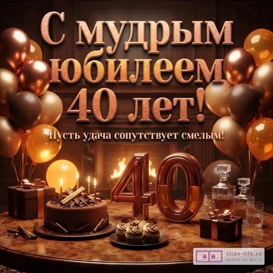 Открытка с коричневым фоном, золотистыми и коричневыми шарами. Текст «С мудрым юбилеем 40 лет! Пусть удача сопутствует смелым!». На столе шоколадный торт со свечами, кексы, графины с напитком, цифры 40.