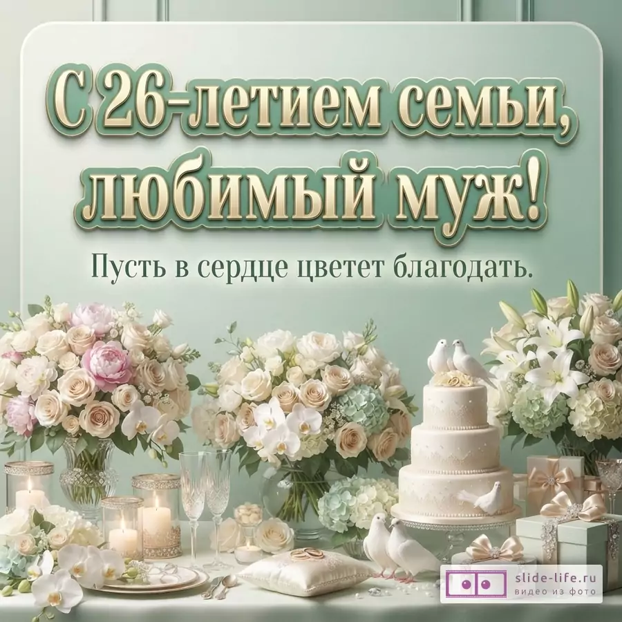 Зеленый фон, золотистая рамка, крупная надпись «С 26-летием семьи, любимый муж!», ниже «Пусть в сердце цветет благодать.», цветы, свечи, голуби, свадебный торт и подарки