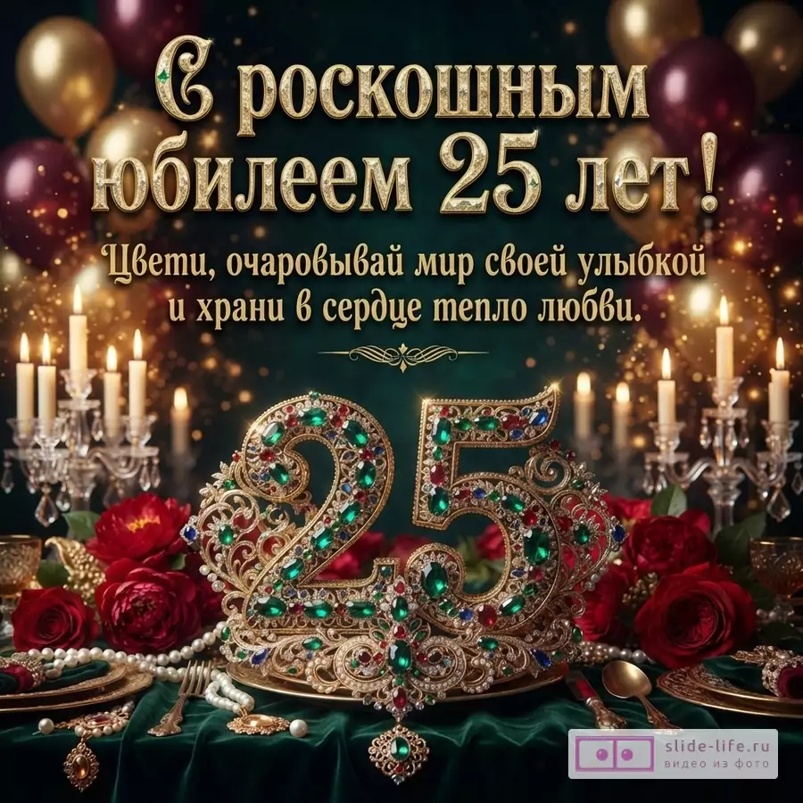 Тёмно-зелёный фон, золотые шары, свечи, красные розы и украшенная драгоценными камнями цифра 25. Текст: «С роскошным юбилеем 25 лет! Цвети, очаровывай мир своей улыбкой и храни в сердце тепло любви.»