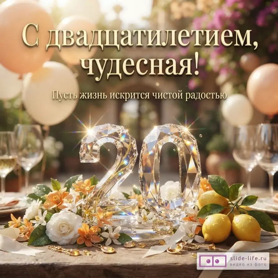 Открытка с бежевым праздничным фоном, шарами, цветами, лимонами и прозрачной цифрой 20, текст «С двадцатилетием, чудесная! Пусть жизнь искрится чистой радостью»