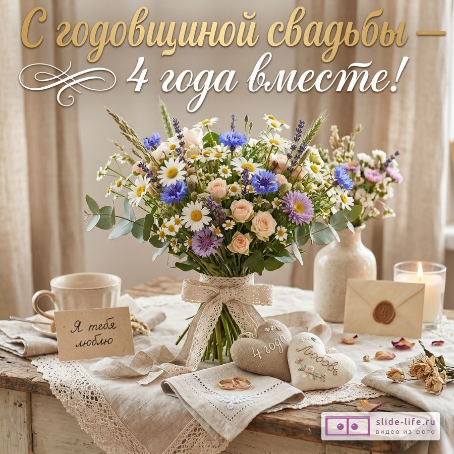 Льняная свадьба — открытка с душевными пожеланиями на 4 года