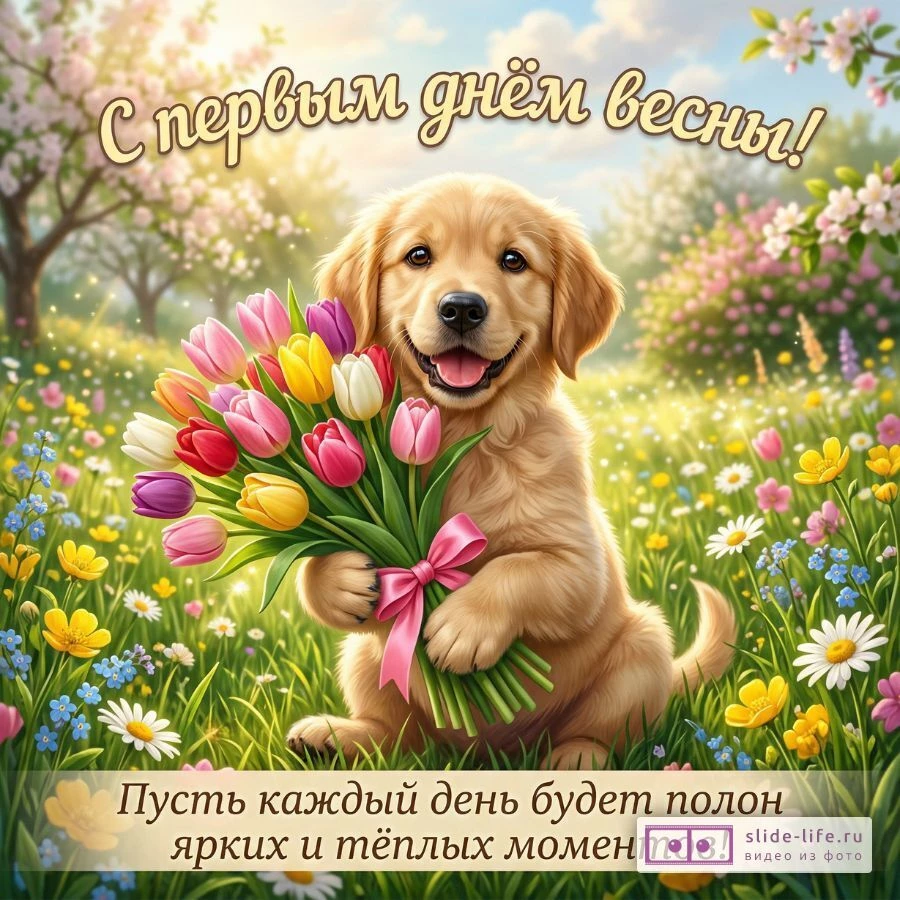 Поздравительная открытка с первым днём весны — пожелания ярких и весёлых дней