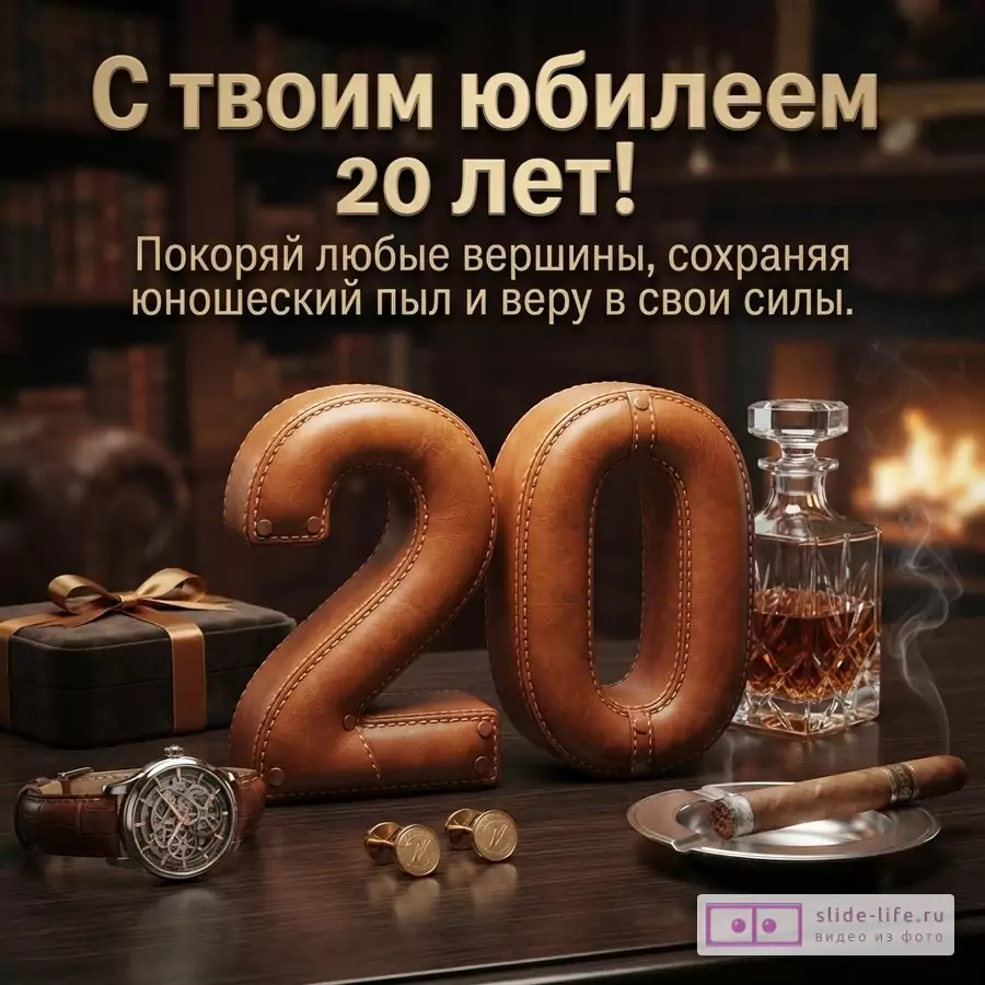 Кожаные объемные цифры 20 на столе рядом с наручными часами, графином, сигарой и запонками с текстом «С твоим юбилеем 20 лет! Покоряй любые вершины, сохраняя юношеский пыл и веру в свои силы.»