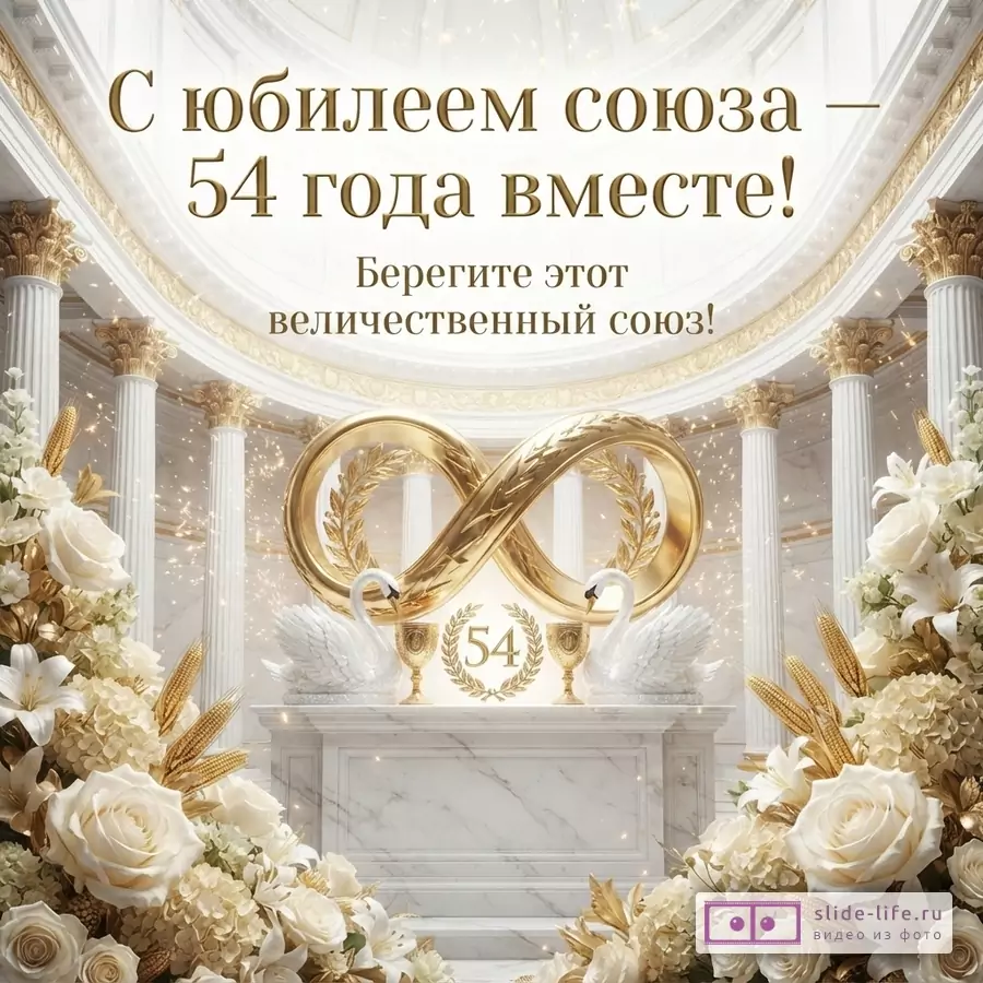 Белый дворцовый фон с золотыми колоннами, золотая фигура бесконечности, число «54», белые лебеди и цветочные композиции. Текст «С юбилеем союза — 54 года вместе! Берегите этот величественный союз!»