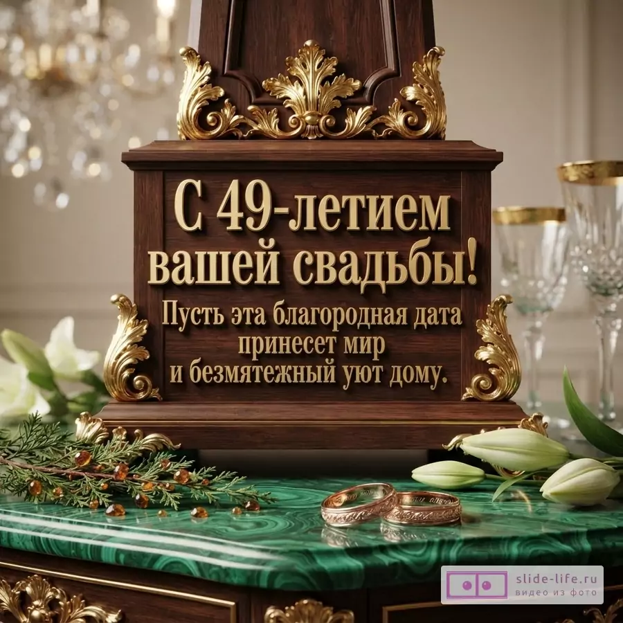Деревянная табличка с золотыми узорами, на ней текст «С 49-летием вашей свадьбы! Пусть эта благородная дата принесет мир и безмятежный уют дому.». Стол с малахитовой столешницей, на ней два обручальных кольца, ветка с янтарными бусинами, белые тюльпаны.
