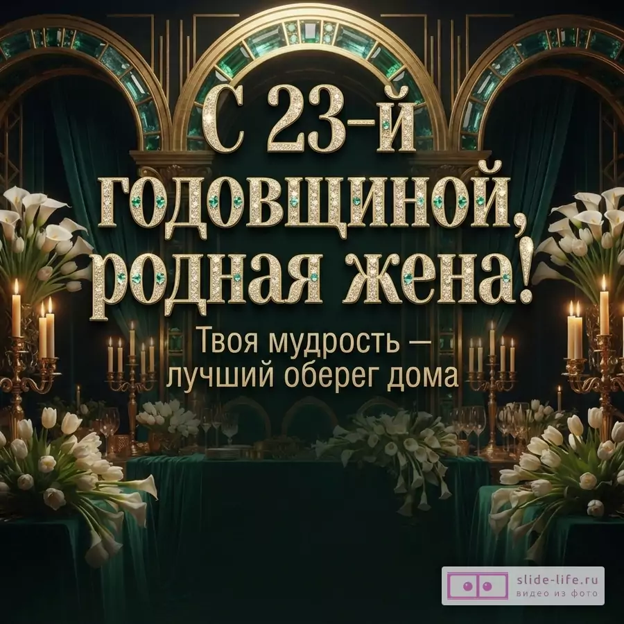 Изумрудный интерьер с золотой аркой, букетами белых калл, тюльпанов и свечами с надписью «С 23-й годовщиной, родная жена! Твоя мудрость — лучший оберег дома.»