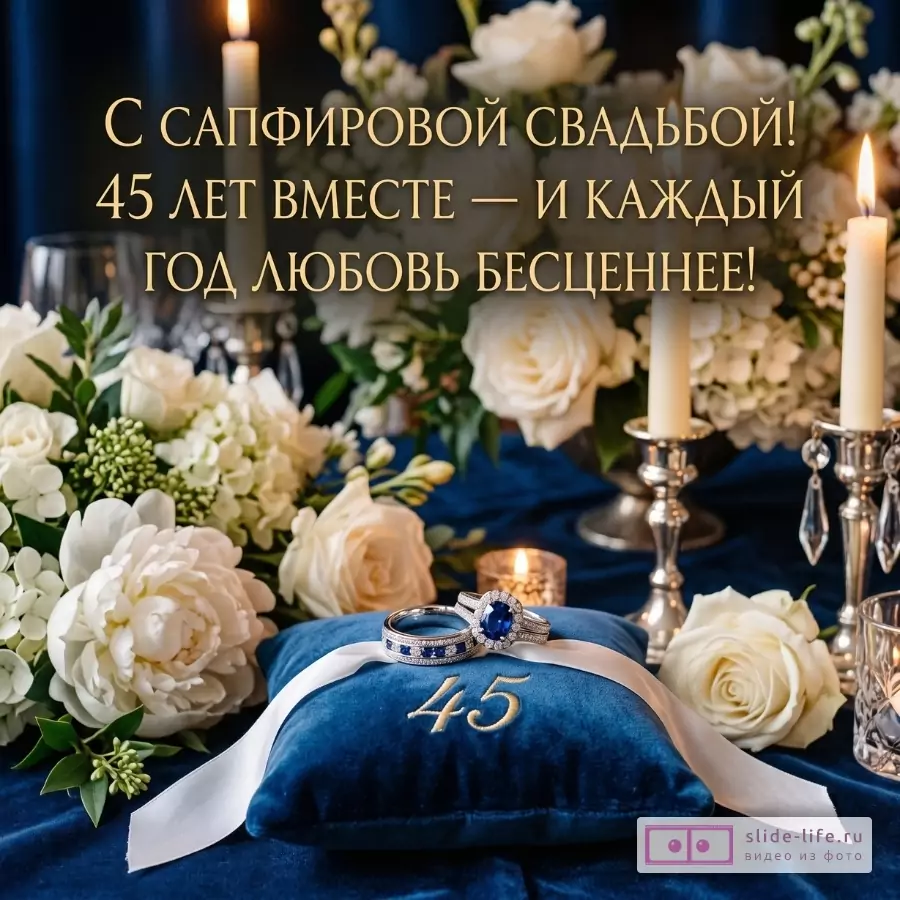 Темно-синий бархатный фон, белые цветы, свечи, обручальные кольца на подушке с «45», текст «С сапфировой свадьбой! 45 лет вместе — и каждый год любовь бесценнее!»