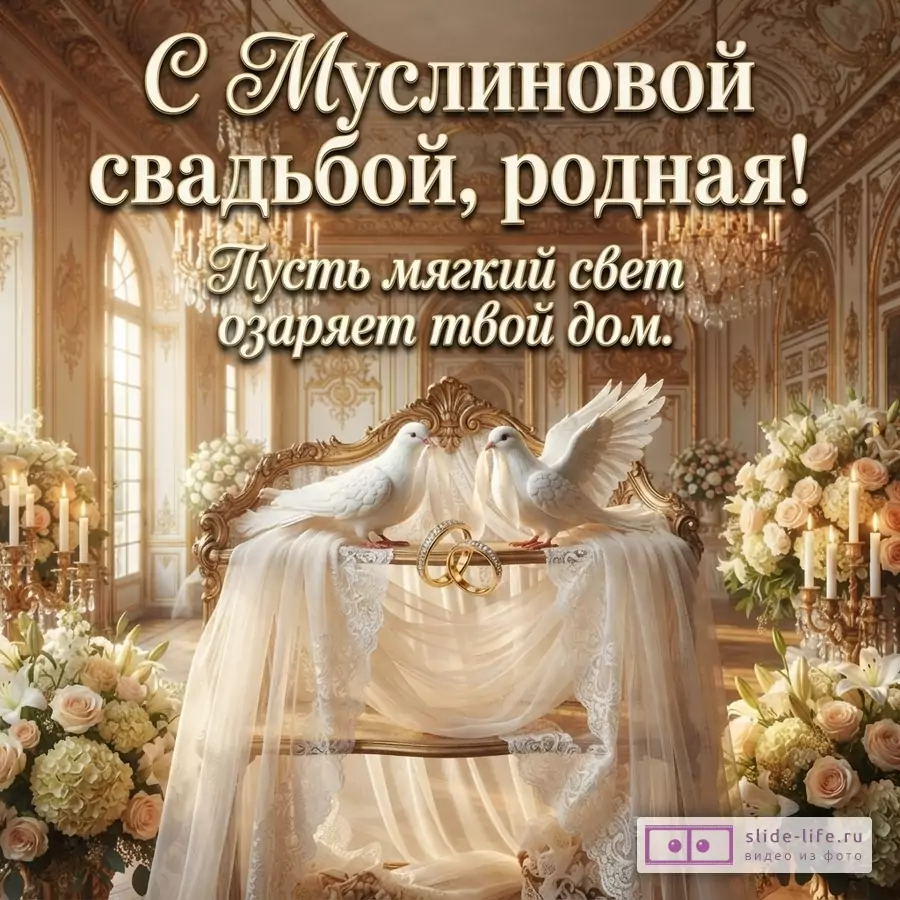 Золотистый фон с узорами, два белых голубя, два золотых кольца, букеты цветов, свечи. Текст: «С Муслиновой свадьбой, родная! Пусть мягкий свет озаряет твой дом.»