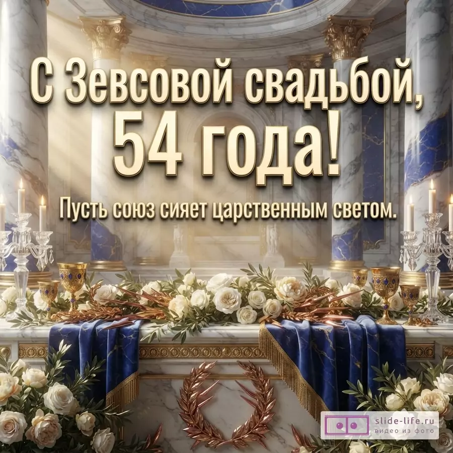 Золотой текст «С Зевсовой свадьбой, 54 года! Пусть союз сияет царственным светом.» на фоне мраморного зала с синими вставками, колоннами, свечами и цветочной композицией