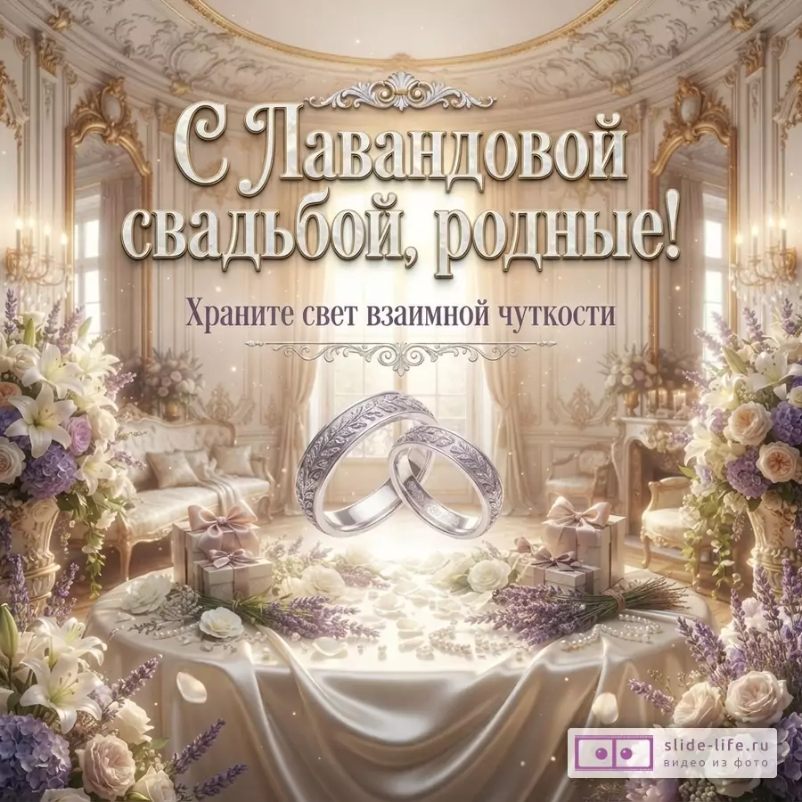 Интерьер в стиле барокко, бежевый фон, золотые элементы, на переднем плане стол с белой скатертью, цветы лаванды, белые розы, две серебряные обручальные кольца. Текст: «С Лавандовой свадьбой, родные! Храните свет взаимной чуткости»