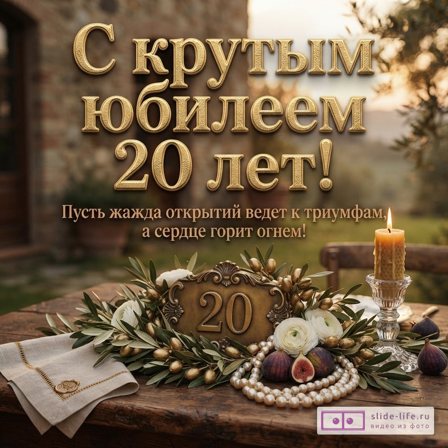 Открытка с золотыми буквами на фоне загородного дома. На переднем плане деревянный стол с декором из оливковых веток, инжира, жемчуга и свечи. Текст: «С крутым юбилеем 20 лет! Пусть жажда открытий ведет к триумфам, а сердце горит огнем!»