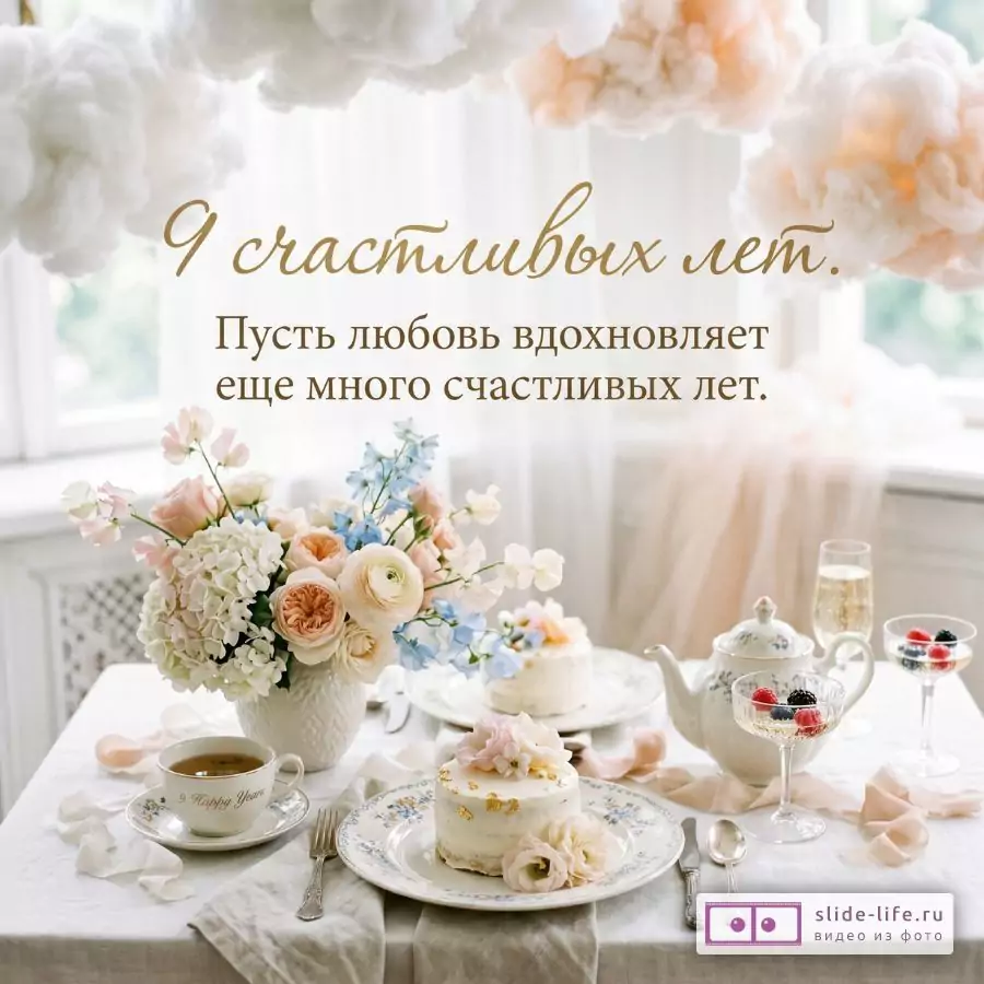 Светлый бело-кремовый фон, цветы, сервированный стол с чайником, чашкой, десертами и бокалами. Текст: «9 счастливых лет. Пусть любовь вдохновляет еще много счастливых лет.»