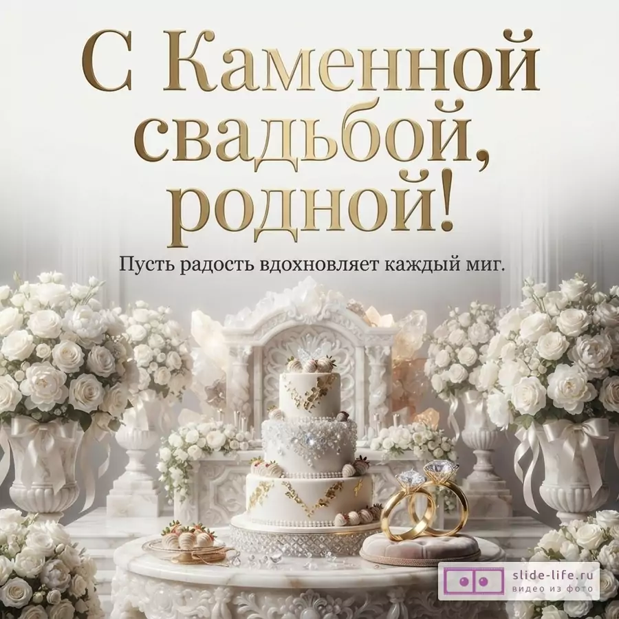 Белый фон, свадебный торт, белые розы, обручальные кольца. Текст: «С Каменной свадьбой, родной! Пусть радость вдохновляет каждый миг.»