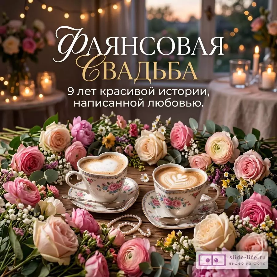 «Фаянсовая свадьба. 9 лет красивой истории, написанной любовью». Размытый коричнево-бежевый фон с огнями, розовые и кремовые цветы, две фаянсовые чашки с кофе на столе.
