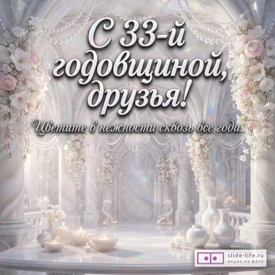 Белый фон с мраморными колоннами и цветочными гирляндами, текст «С 33-й годовщиной, друзья! Цветите в нежности сквозь все года.»