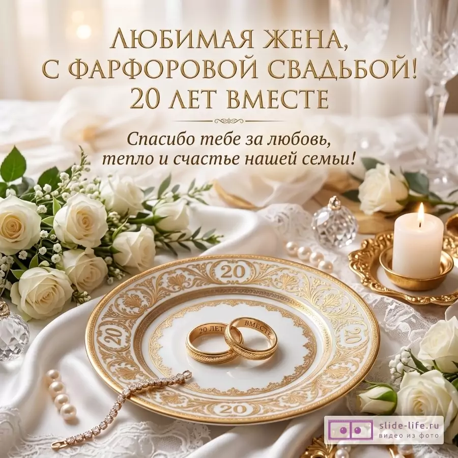 Бежево-белый фон, белые розы, свеча, фарфоровая тарелка с золотым узором и обручальными кольцами. Текст: «Любимая жена, с фарфоровой свадьбой! 20 лет вместе Спасибо тебе за любовь, тепло и счастье нашей семьи!»