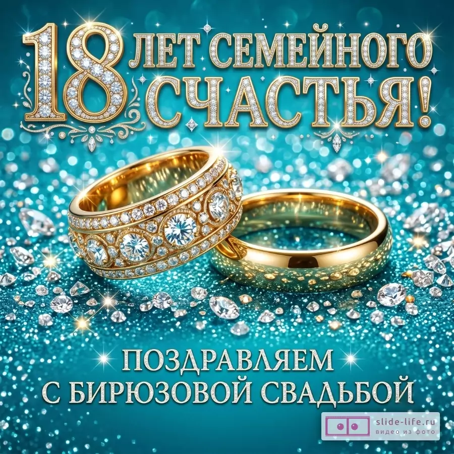 Бирюзово-голубой сверкающий фон, две золотые обручальные кольца с камнями и россыпь кристаллов. Текст: «18 ЛЕТ СЕМЕЙНОГО СЧАСТЬЯ!» и «ПОЗДРАВЛЯЕМ С БИРЮЗОВОЙ СВАДЬБОЙ»