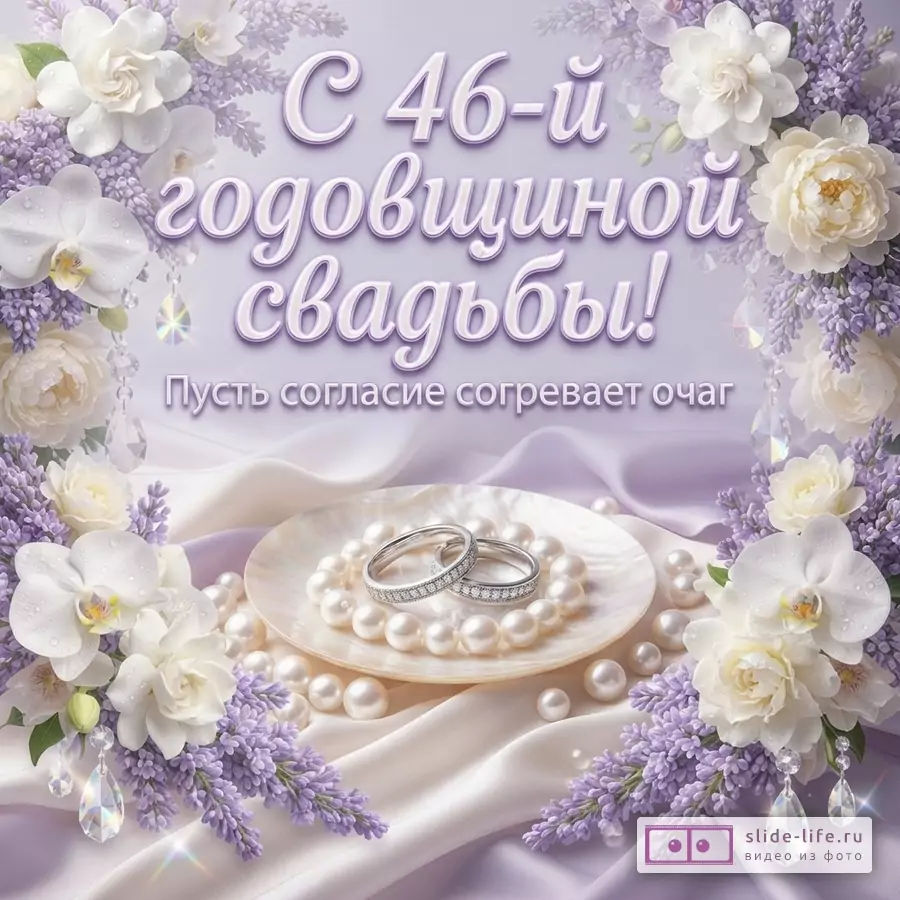 Фон светло-сиреневый, по углам белые цветы, сиреневые веточки и кристаллы. В центре тарелка с жемчугом и двумя обручальными кольцами. Текст: «С 46-й годовщиной свадьбы! Пусть согласие согревает очаг»