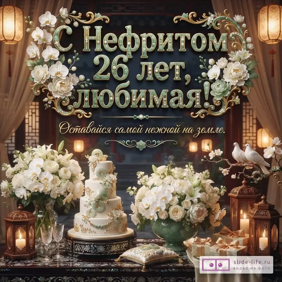 Темный фон, декоративная золотая рамка с белыми цветами, крупный текст «С Нефритом 26 лет, любимая!», ниже курсивом «Оставайся самой нежной на земле.», внизу цветы, торт, подарки и свечи.
