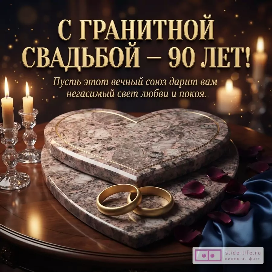 Гранитная подставка в форме сердца с парой золотых колец, свечами и надписью «С Гранитной свадьбой — 90 лет! Пусть этот вечный союз дарит вам негасимый свет любви и покоя».
