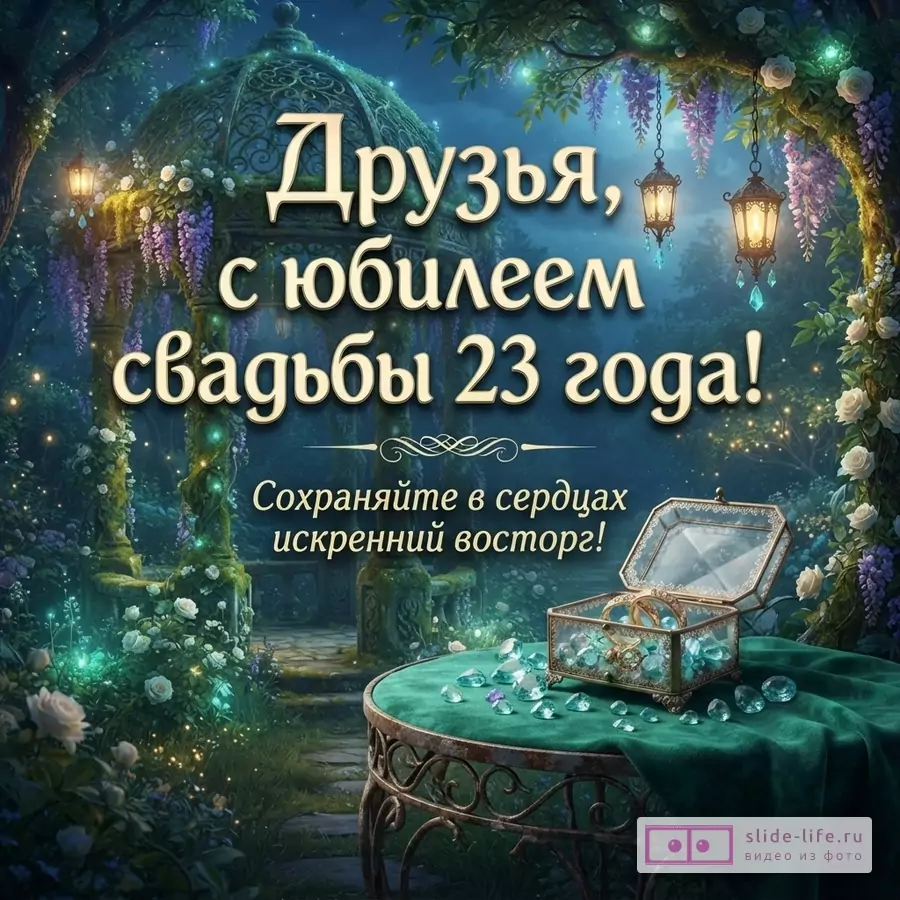 Шкатулка с кольцами и кристаллами на круглом столике в сказочном саду с беседкой и надпись «Друзья, с юбилеем свадьбы 23 года! Сохраняйте в сердцах искренний восторг!»