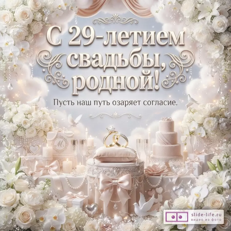 Фон голубого неба с облаками, по бокам белые цветы и зелень. В центре надпись «С 29-летием свадьбы, родной! Пусть наш путь озаряет согласие.». Внизу столик с белыми цветами, свечами, свадебным тортом, двумя обручальными кольцами на подушечке.