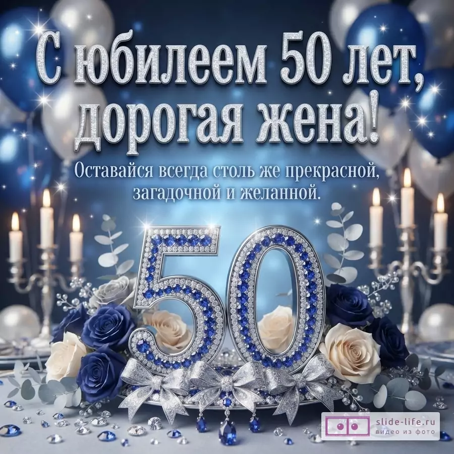 Синий фон, воздушные шары, свечи. Надпись «С юбилеем 50 лет, дорогая жена! Оставайся всегда столь же прекрасной, загадочной и желанной.». Цифра 50 из страз, синие и бежевые розы, украшения.