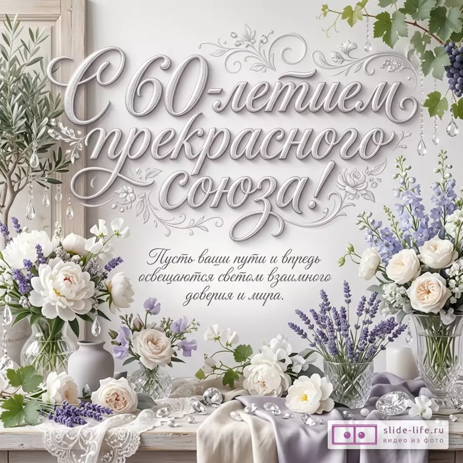Светлый бежево-сиреневый фон, белые и сиреневые цветы, зелень, стеклянные вазы, декоративные венки и кристаллы, текст «С 60-летием прекрасного союза! Пусть и дальше ваши пути будут озарены светом взаимного доверия и покоя.»
