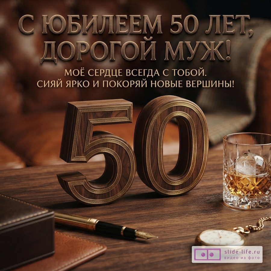 Коричневый фон, деревянные цифры «50», стакан виски, ручка, часы. Текст: «С ЮБИЛЕЕМ 50 ЛЕТ, ДОРОГОЙ МУЖ! МОЁ СЕРДЦЕ ВСЕГДА С ТОБОЙ. СИЯЙ ЯРКО И ПОКОРЯЙ НОВЫЕ ВЕРШИНЫ!»