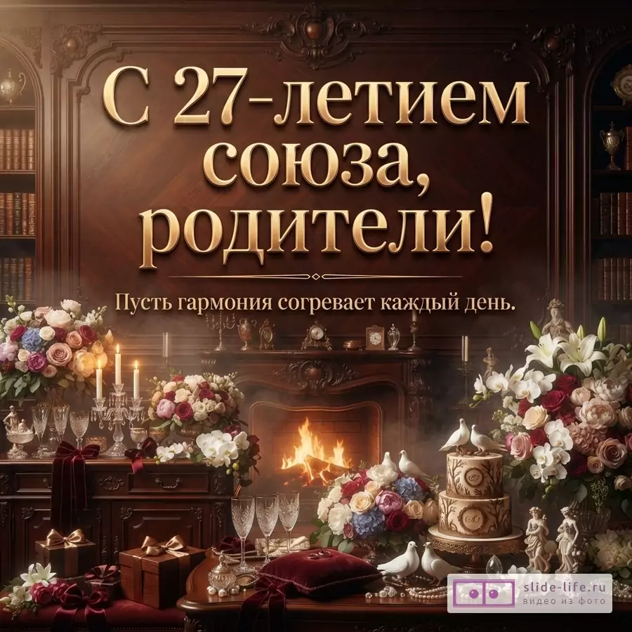 Открытка с золотым текстом на фоне деревянной стены с камином и цветами. Текст: «С 27-летием союза, родители! Пусть гармония согревает каждый день.»