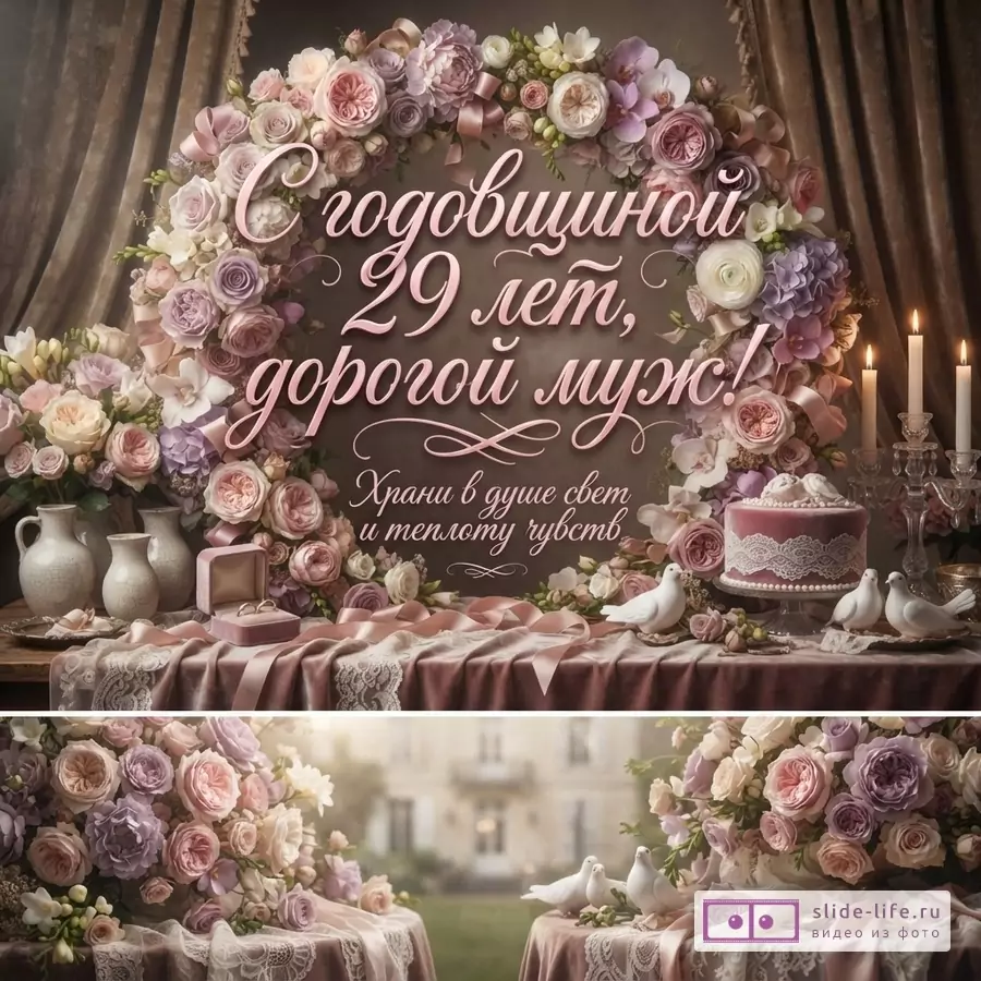 Открытка с цветочной аркой из роз и орхидей на коричневом фоне, на столе торт, свечи, вазы, кольца в коробочке, голуби. Текст: «С годовщиной 29 лет, дорогой муж! Храни в душе свет и теплоту чувств»