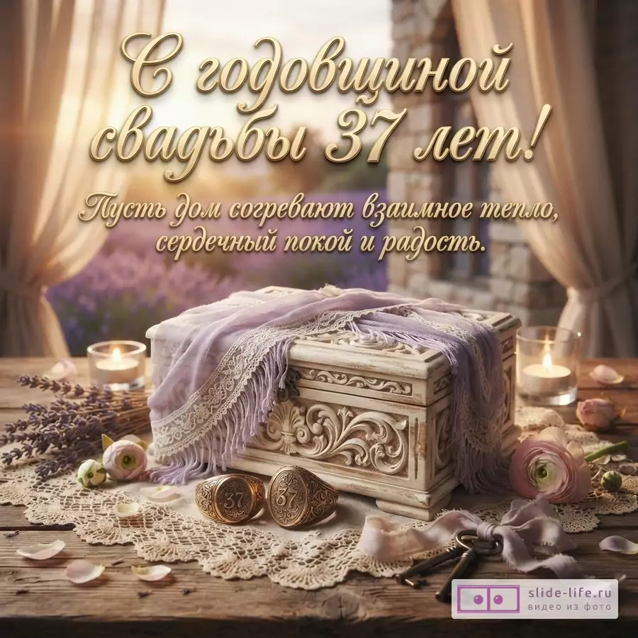Золотой текст на фоне лавандового поля, деревянный стол, шкатулка, свечи, кольца. Текст: «С годовщиной свадьбы 37 лет! Пусть дом согревают взаимное тепло, сердечный покой и радость.»