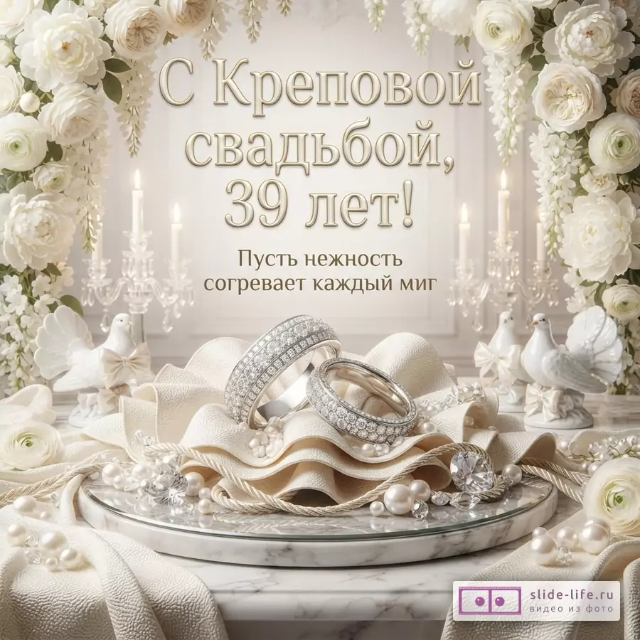 Белый фон, белые цветы, свечи, обручальные кольца с бриллиантами, жемчуг. Текст: «С Креповой свадьбой, 39 лет! Пусть нежность согревает каждый миг»