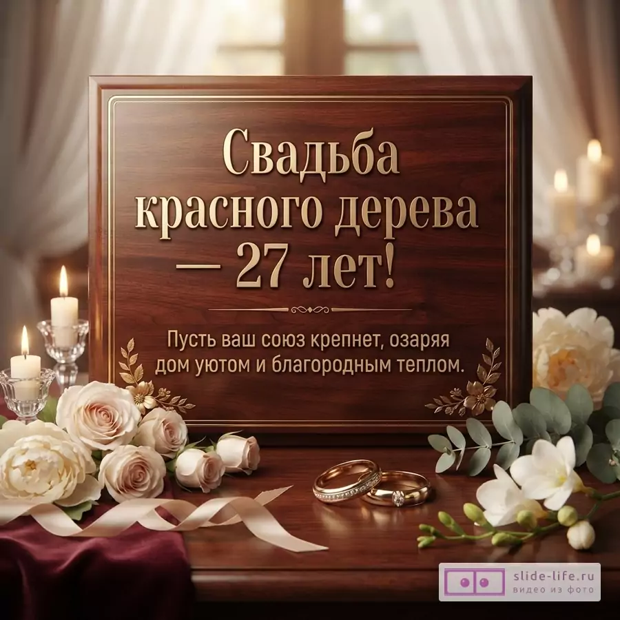 Деревянная табличка с золотой рамкой и надписью «Свадьба красного дерева — 27 лет! Пусть ваш союз крепнет, озаряя дом уютом и благородным теплом.». На переднем плане золотые обручальные кольца, белые и розовые цветы, лента.