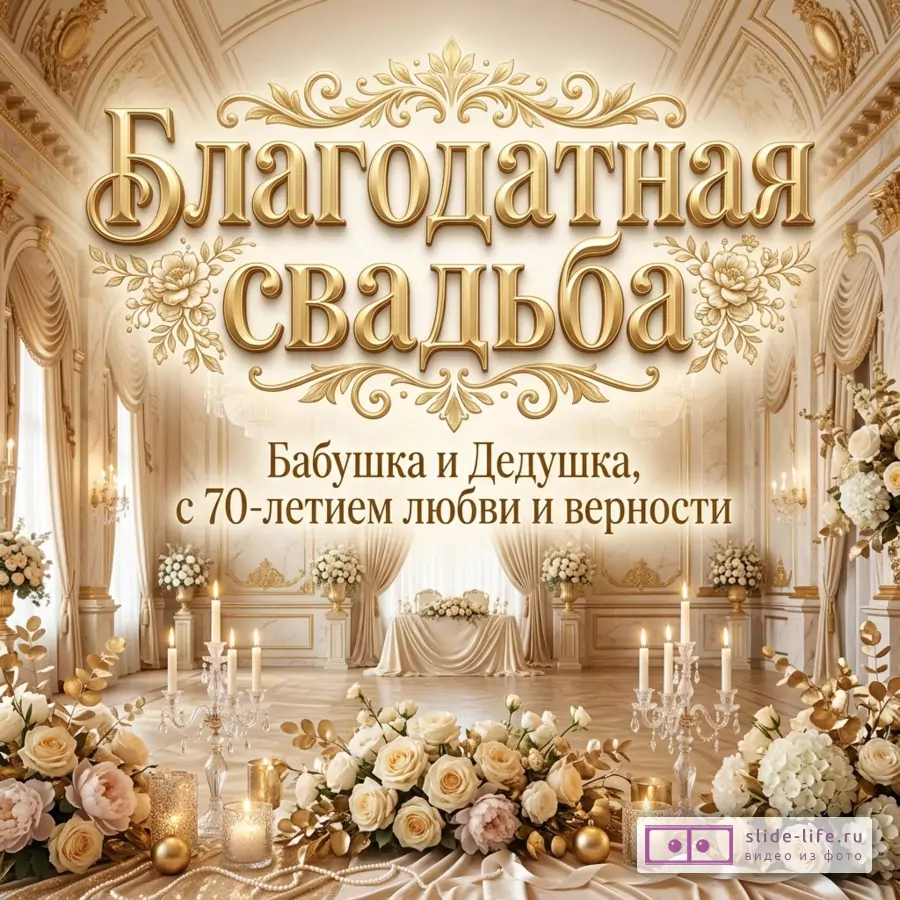 Золотисто-кремовый интерьер торжественного зала с цветами, свечами, драпировками и банкетным столом, крупная надпись «Благодатная свадьба» и текст «Бабушка и Дедушка, с 70-летием любви и верности»
