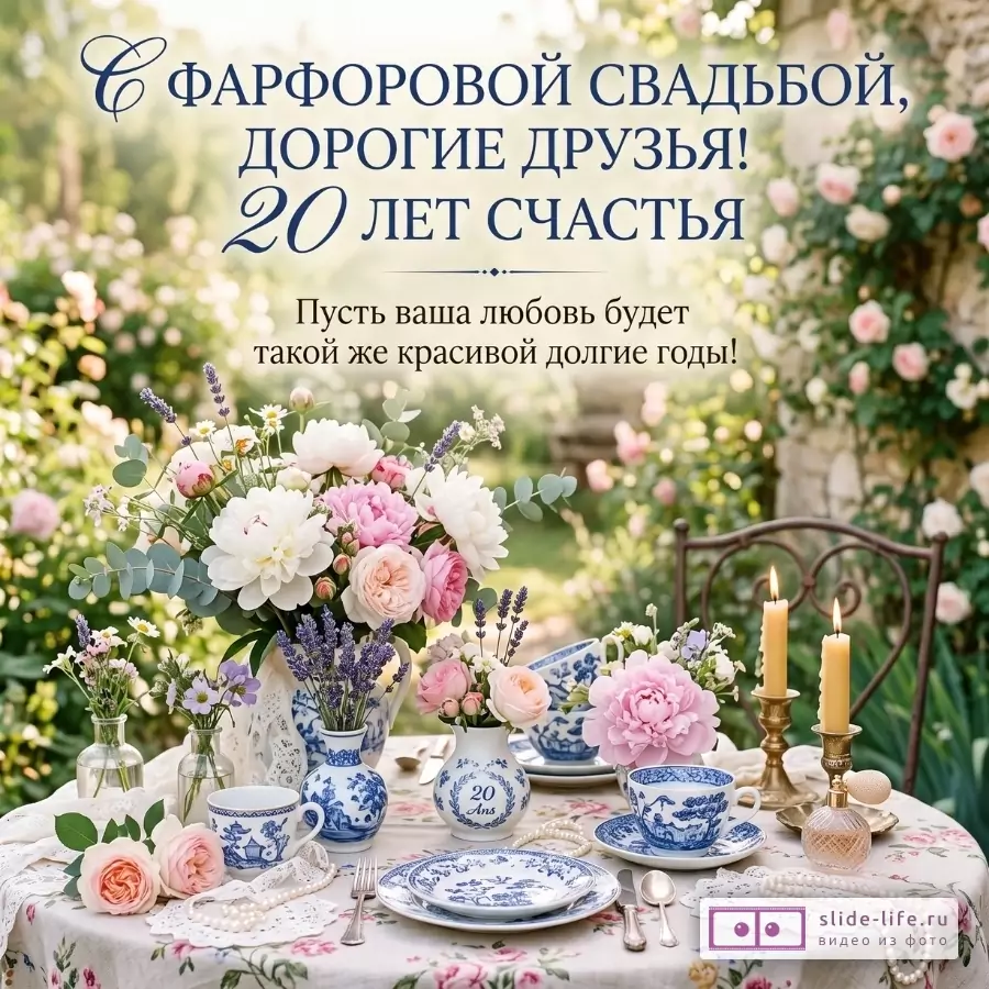 Садовый фон в зеленых, бежевых и розовых тонах, стол с бело-синим фарфором, цветами и свечами. Текст: «С ФАРФОРОВОЙ СВАДЬБОЙ, ДОРОГИЕ ДРУЗЬЯ! 20 ЛЕТ СЧАСТЬЯ Пусть ваша любовь будет такой же красивой долгие годы!»