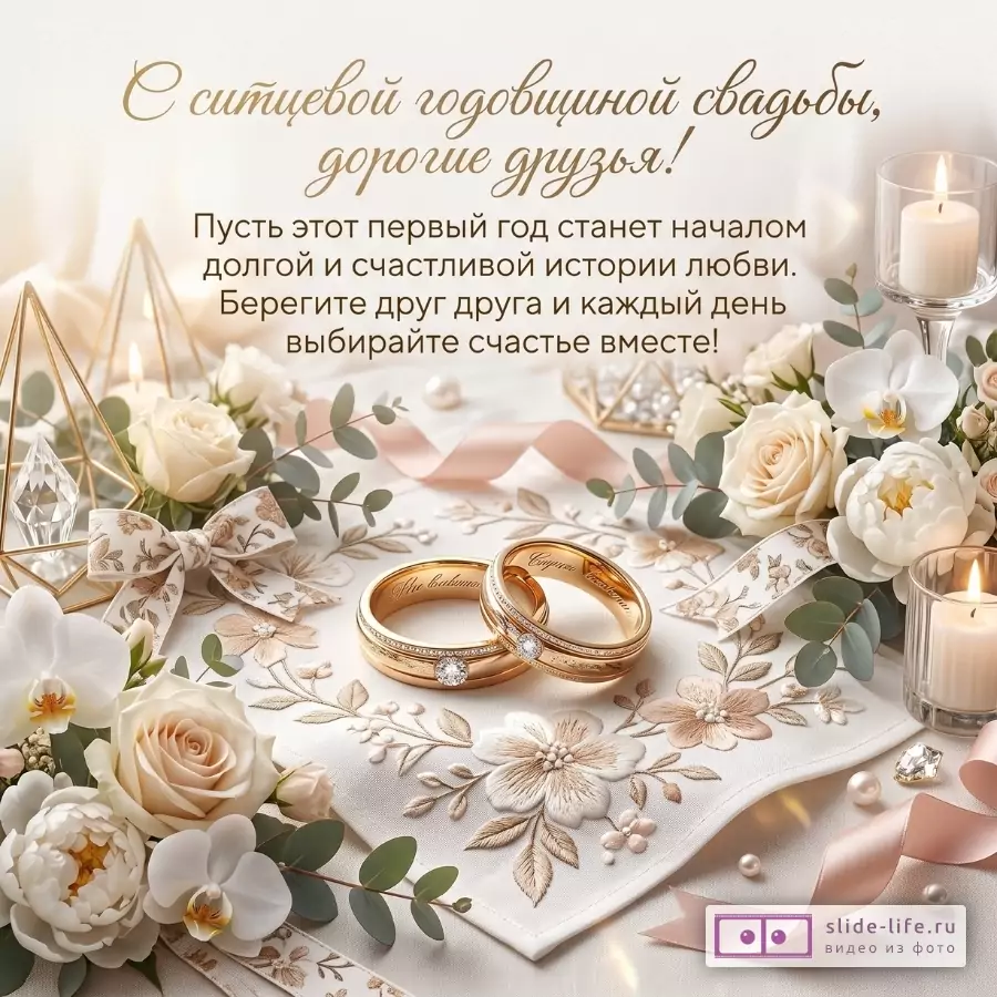 Бежево-кремовая свадебная открытка с цветами, свечами, лентой и обручальными кольцами; текст «С ситцевой годовщиной свадьбы, дорогие друзья!»