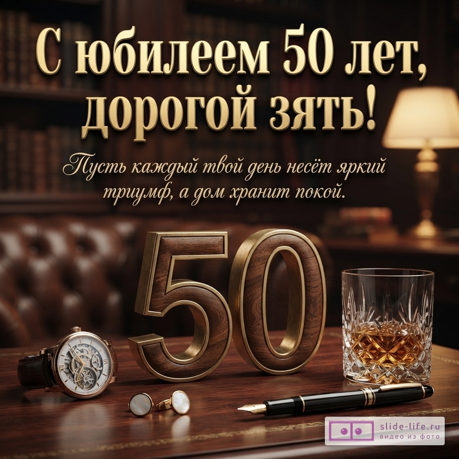 Открытка с золотыми буквами на темном фоне, изображающая кабинет. На столе часы, запонки, ручка, стакан виски и объемные цифры 50. Текст: «С юбилеем 50 лет, дорогой зять! Пусть каждый твой день несёт яркий триумф, а дом хранит покой.»