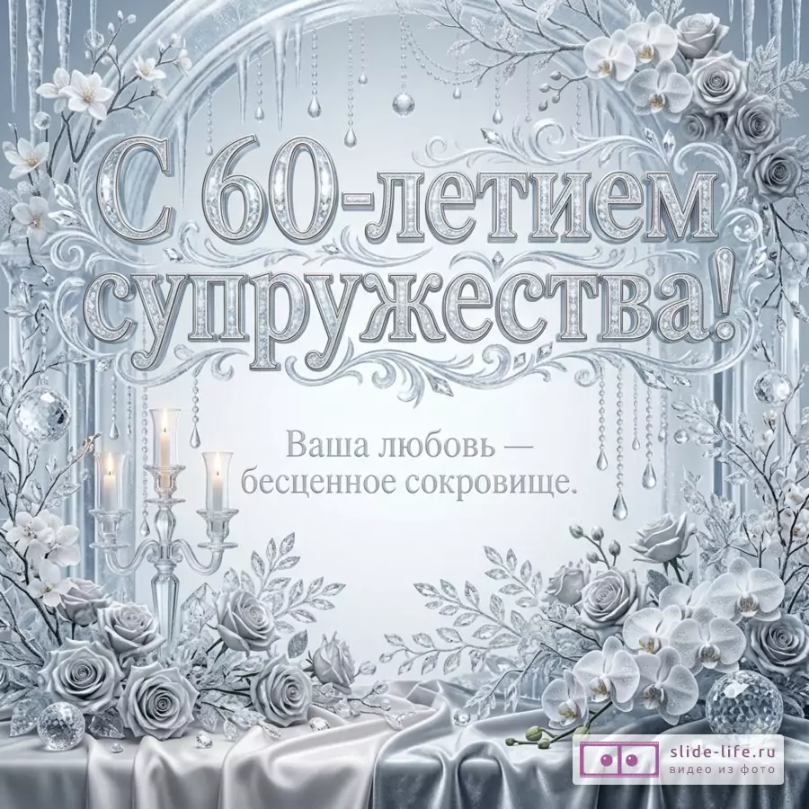 Серебристо-белая открытка с цветами, розами, орхидеями, свечами, подвесками и декоративной рамкой, текст «С 60-летием супружества! Ваша любовь — бесценное сокровище.»