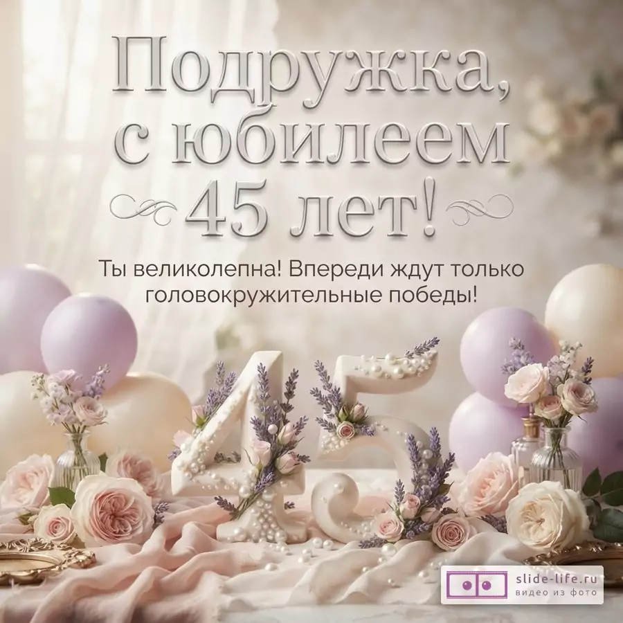 Открытка с юбилеем 45 лет подруге, фон светлый, бежевый, розовый, сиреневый, воздушные шары, розы, лаванда, цифры 45, жемчуг. Текст: «Подружка, с юбилеем 45 лет! Ты великолепна! Впереди ждут только головокружительные победы!»