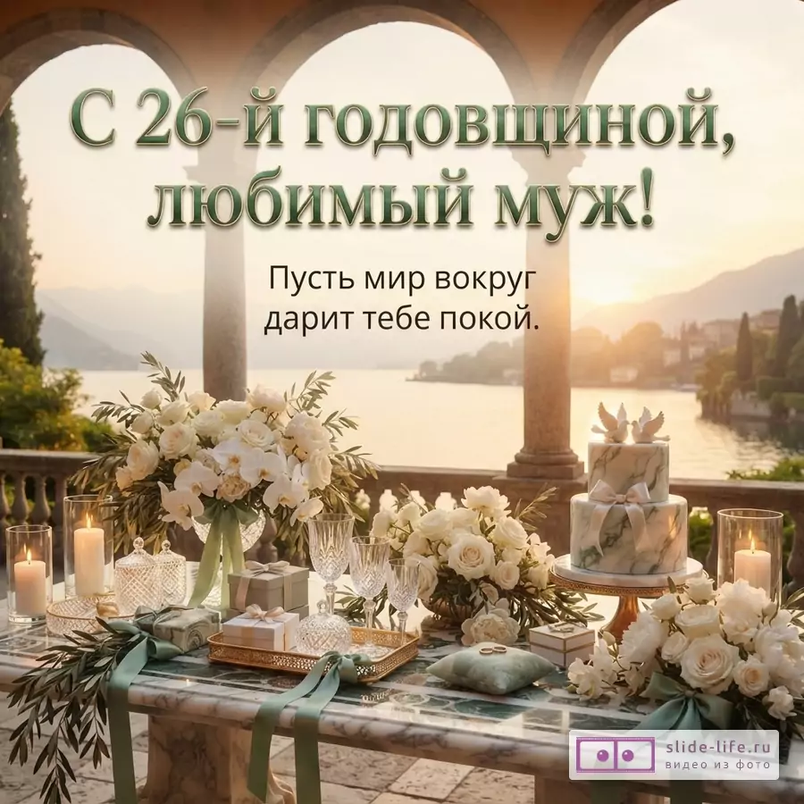 Текст «С 26-й годовщиной, любимый муж! Пусть мир вокруг дарит тебе покой.» на фоне арок, озера, цветов, свечей и свадебного торта