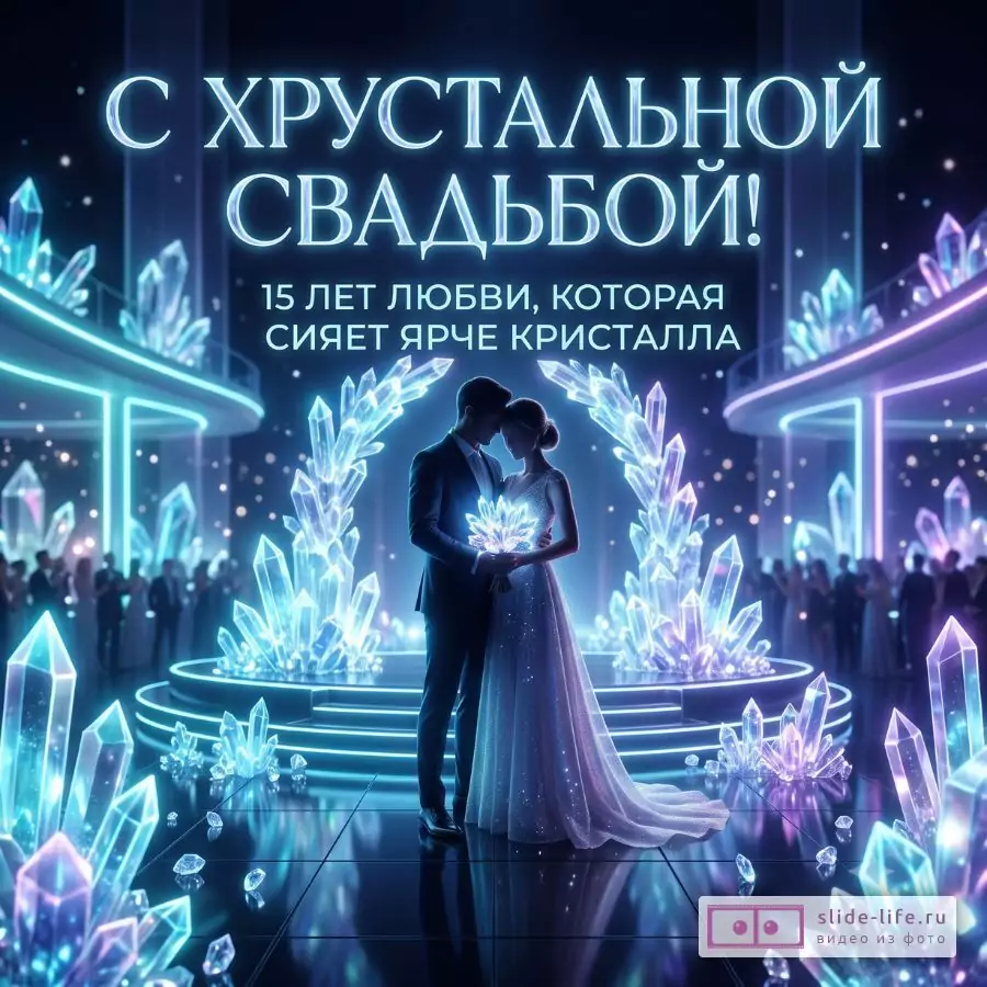 15 лет свадьбы — хрустальная годовщина, праздничная открытка для супругов