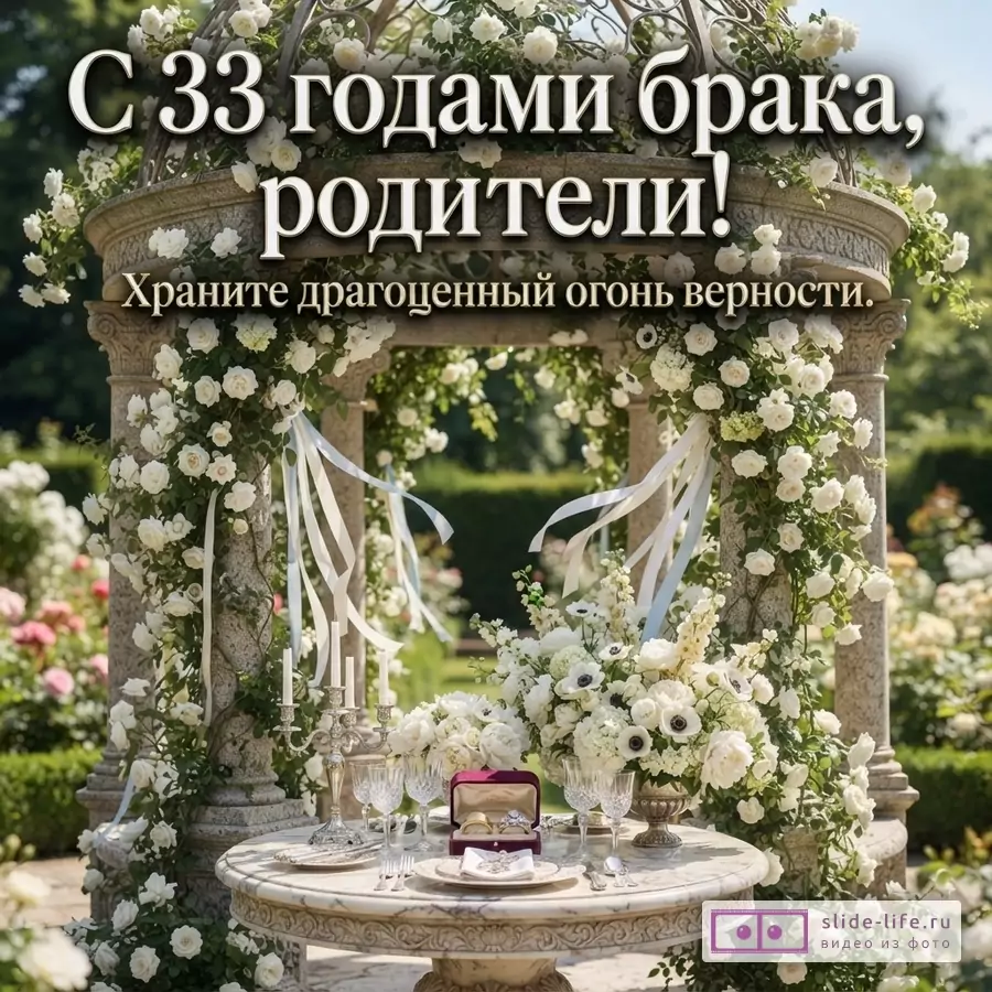 Беседка, увитая белыми розами, на фоне сада. На столе сервировка, свечи, коробка с кольцами. Текст: «С 33 годами брака, родители! Храните драгоценный огонь верности.»