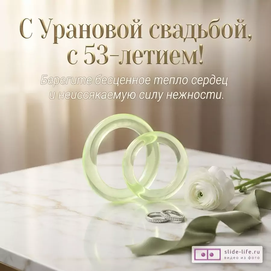 Тёплый бежевый фон, золотистый текст «С Урановой свадьбой, с 53-летием! Берегите бесценное тепло сердец и неиссякаемую силу нежности.», зелёные стеклянные кольца, белый цветок, серебряные кольца, зелёная лента