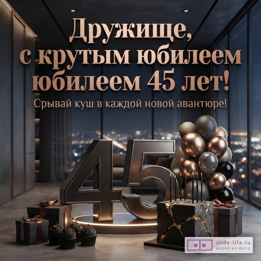 Темный фон с видом на ночной город, золотисто-черные шары, черные подарочные коробки, кексы, торт и большие цифры 45. Текст «Дружище, с крутым юбилеем 45 лет! Срывай куш в каждой новой авантюре!»