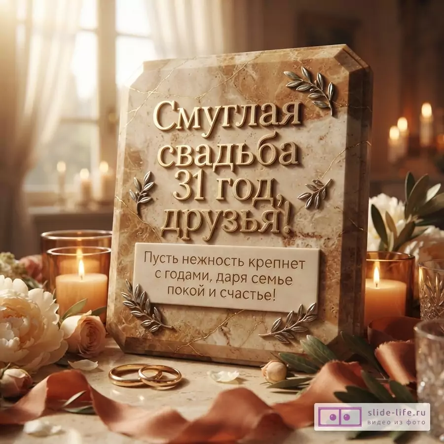 Бежево-коричневая открытка с золотистым объемным текстом «Смуглая свадьба 31 год, друзья! Пусть нежность крепнет с годами, даря семье покой и счастье!», свечами, цветами и кольцами