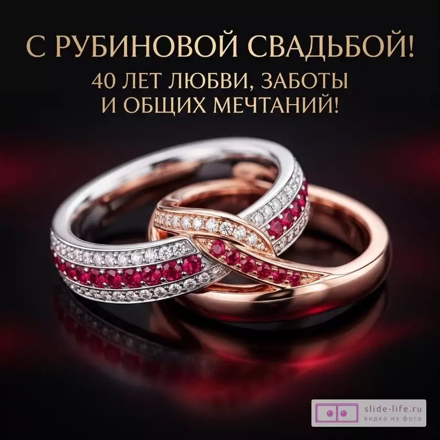 Черный фон, переплетенные обручальные кольца с рубиновыми и прозрачными камнями, золотистый текст «С РУБИНОВОЙ СВАДЬБОЙ! 40 ЛЕТ ЛЮБВИ, ЗАБОТЫ И ОБЩИХ МЕЧТАНИЙ!»
